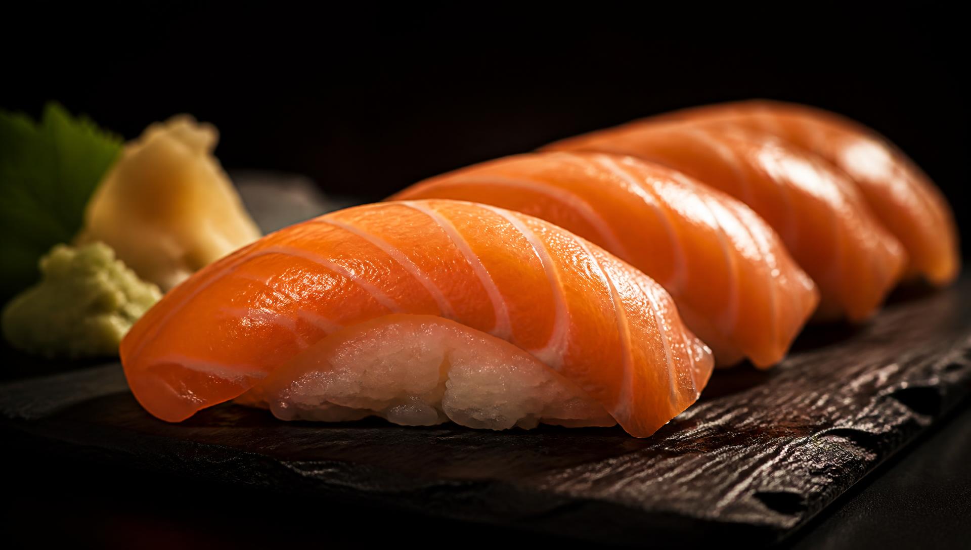 Zalm nigiri op een donkere leisteen plank