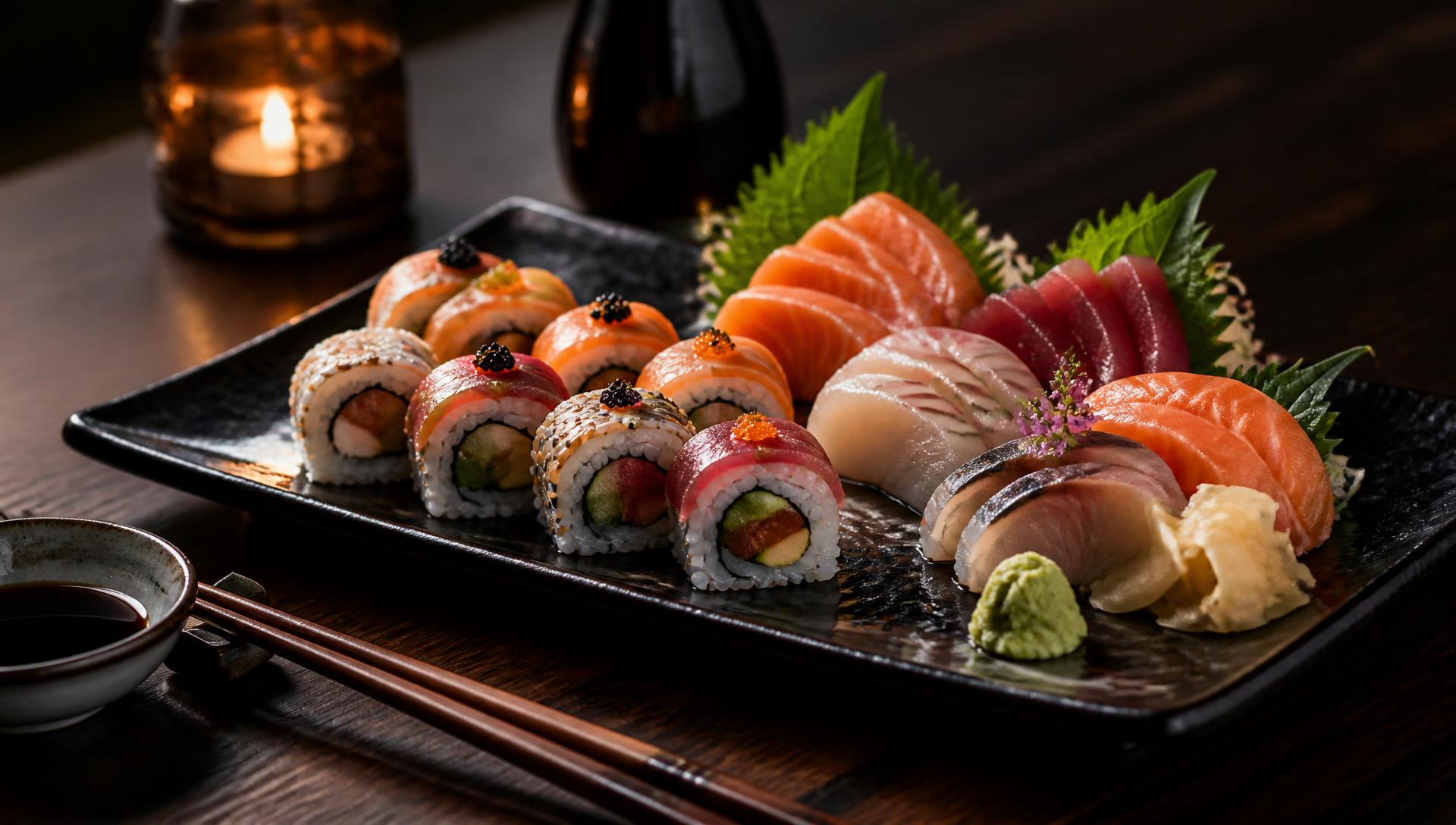 Schaal met maki rolls en sashimi met stokjes